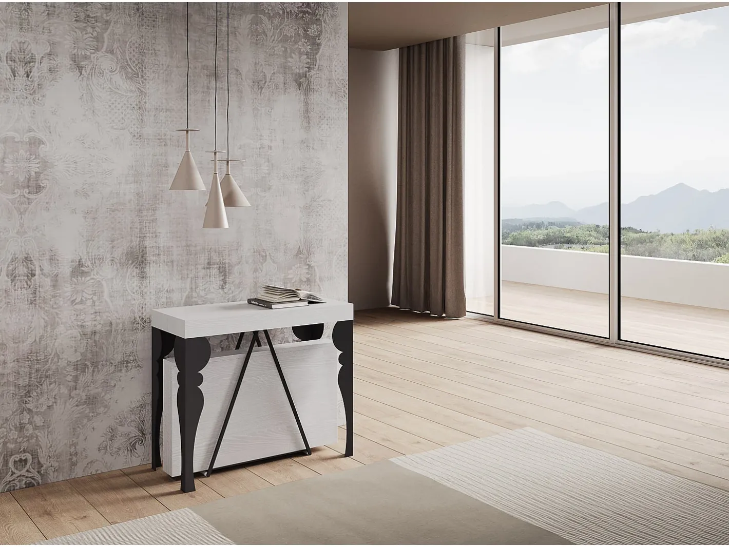 Ityhome Consola*Mesa consola extensível 90x40/300 cm Riza cinza branca quadro antracite Branco