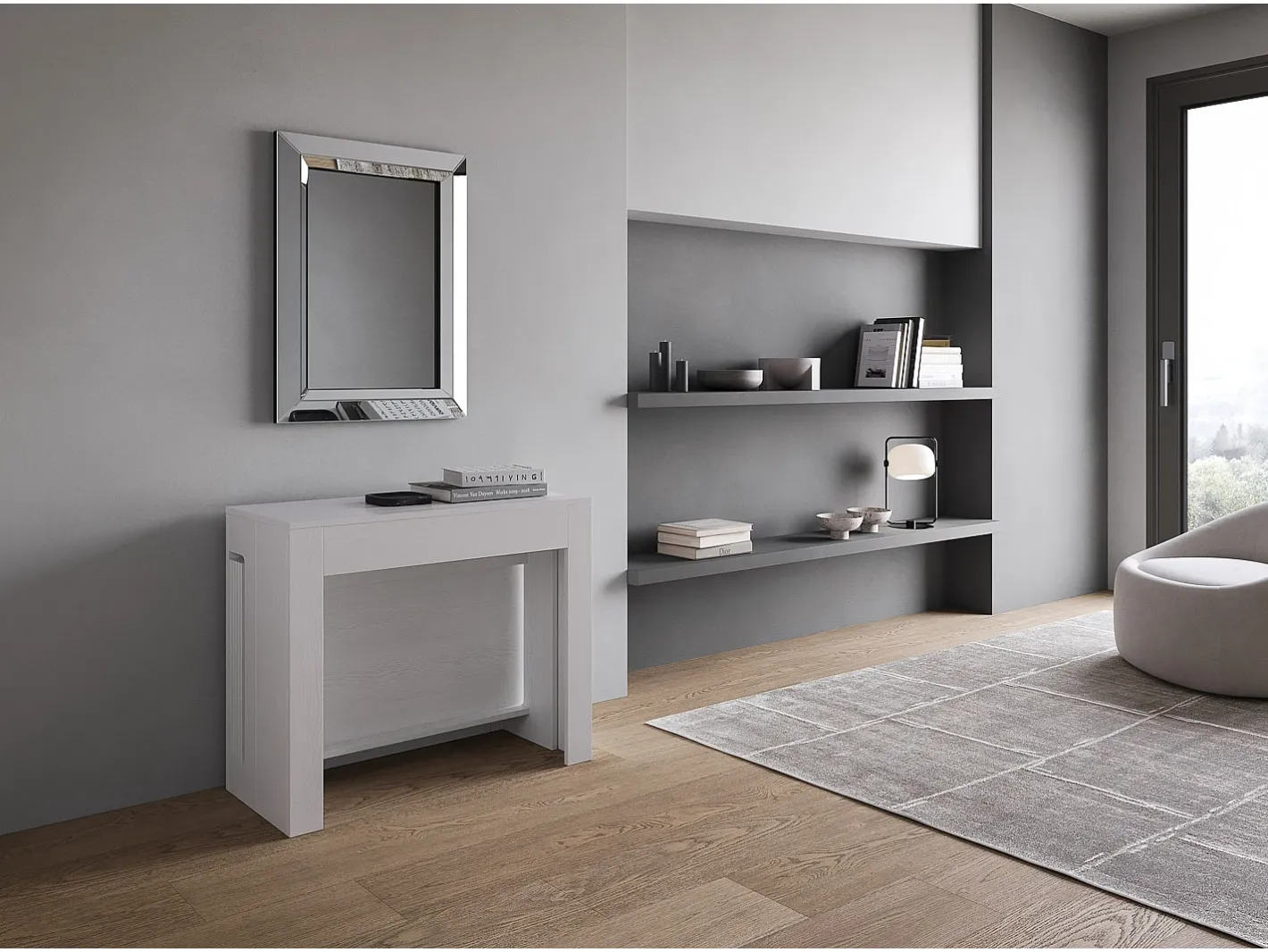Mesa consola extensível 90x42/302 cm Evolve Cinza Branca extensões internas com banco inferior e superior^ITAMOBY Discount