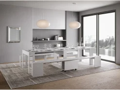 Mesa consola extensível 90x42/302 cm Evolve Cinza Branca extensões internas com banco inferior e superior^ITAMOBY Discount