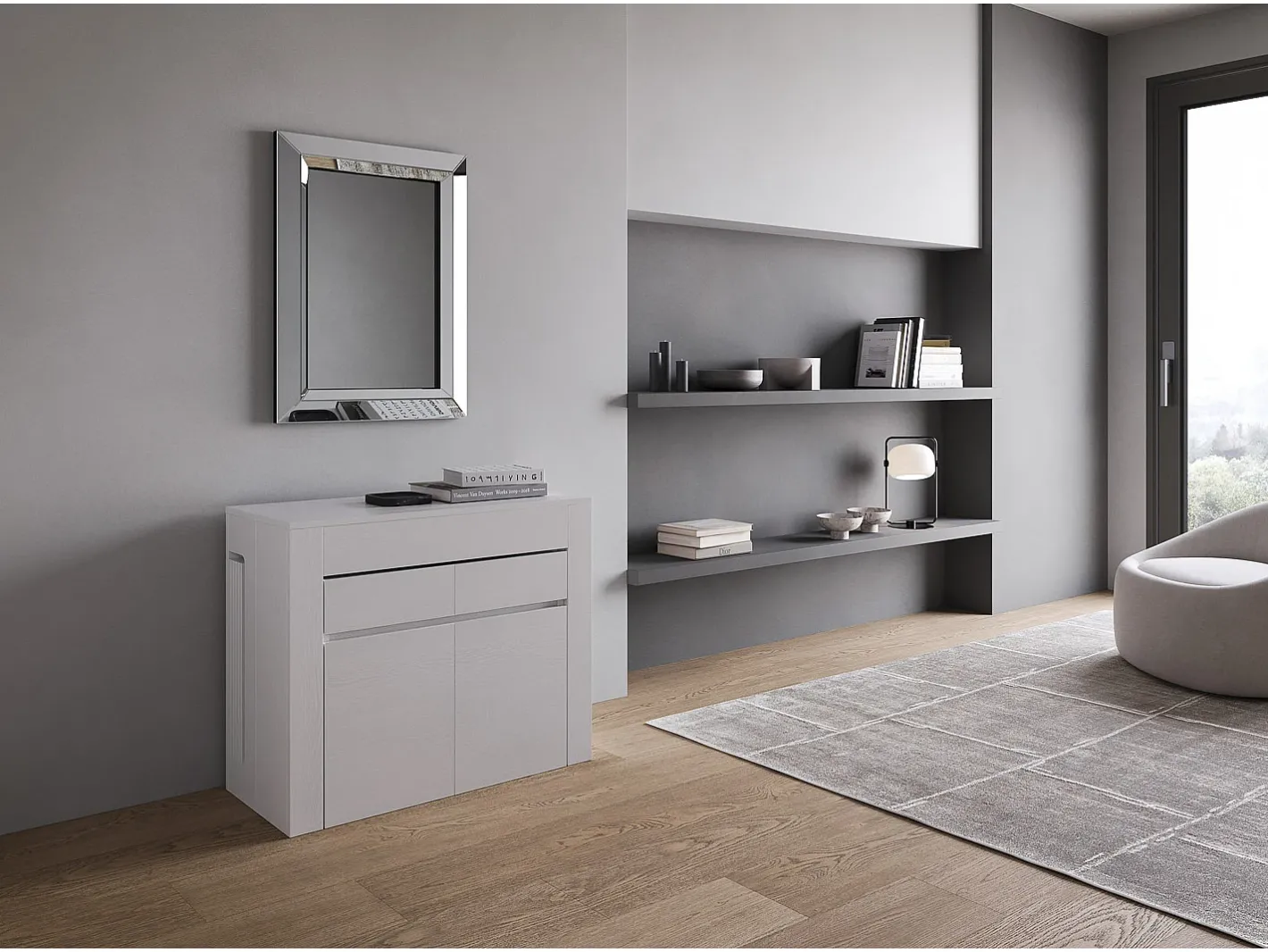 Mesa consola extensível 90x42/302 cm Evolve Cinza Branca extensões internas com banco inferior e superior^ITAMOBY Discount