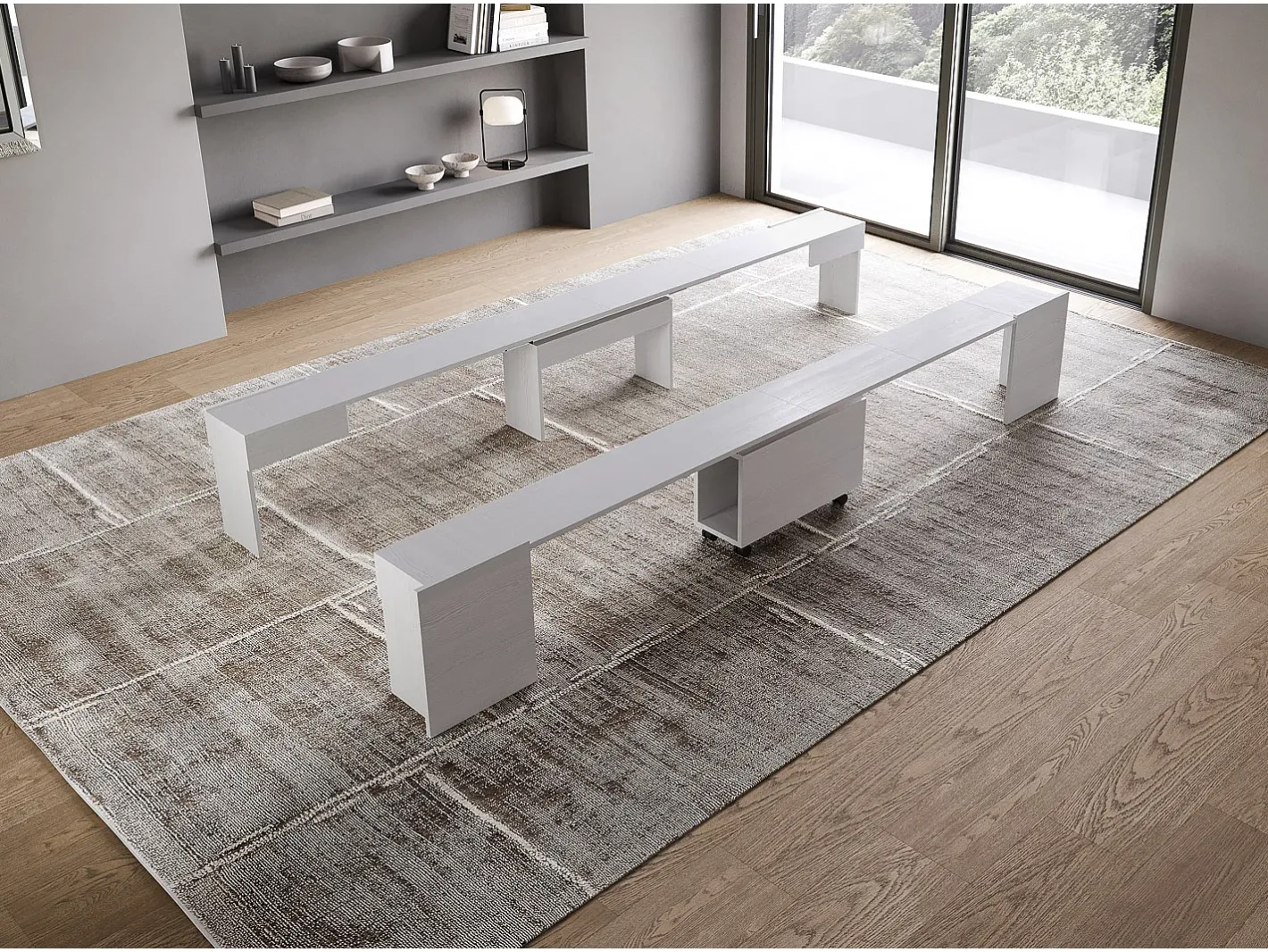 Mesa consola extensível 90x42/302 cm Evolve Cinza Branca extensões internas com banco inferior e superior^ITAMOBY Discount