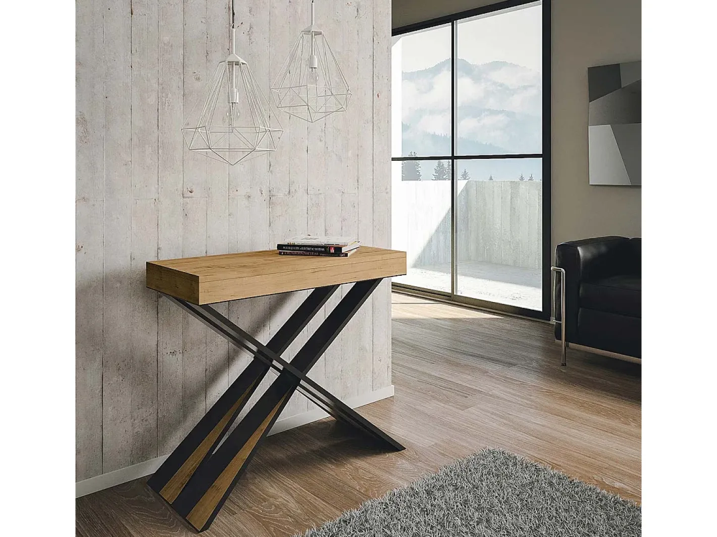 Outlet Mesa consola extensível 90x40/300 cm Diago Carvalho Natural quadro Antracite Consola