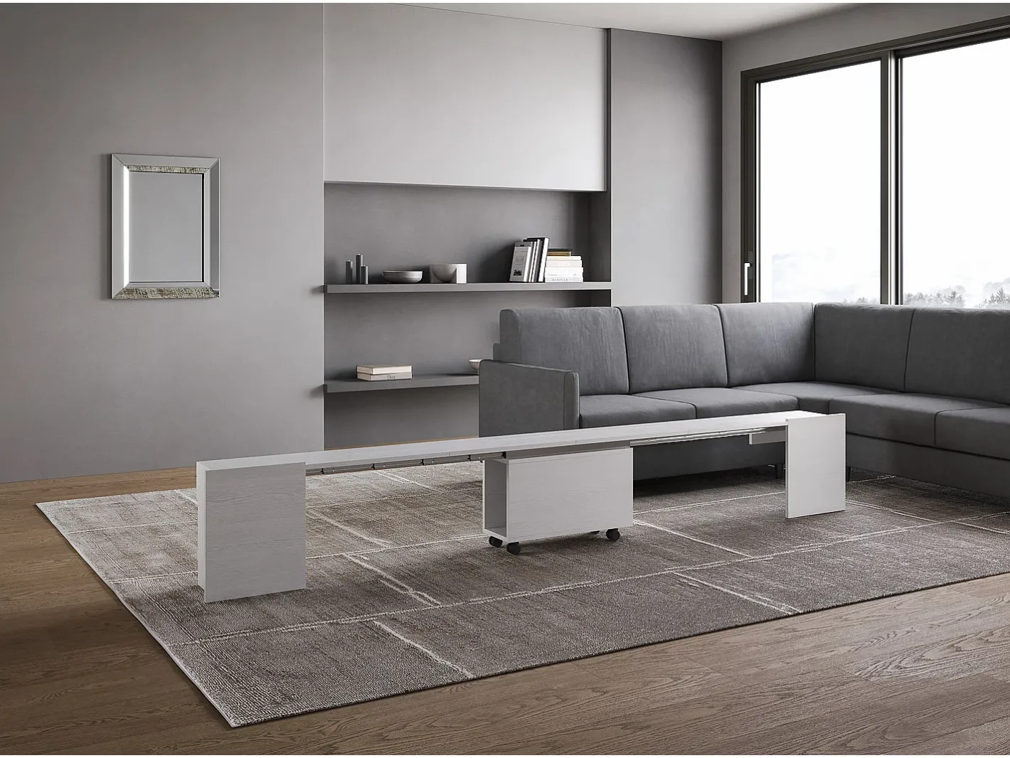 Mesa consola extensível 90x42/302 cm Evolve Cinza Branca extensões internas com banco inferior*ITAMOBY Discount