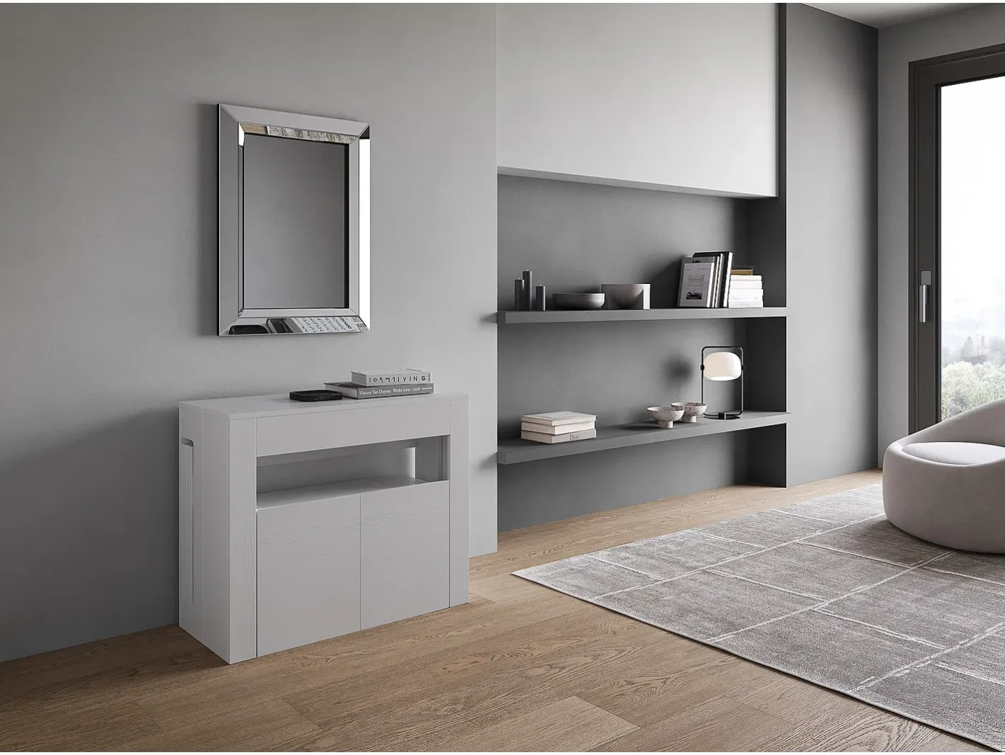 Mesa consola extensível 90x42/302 cm Evolve Cinza Branca extensões internas com banco inferior*ITAMOBY Discount