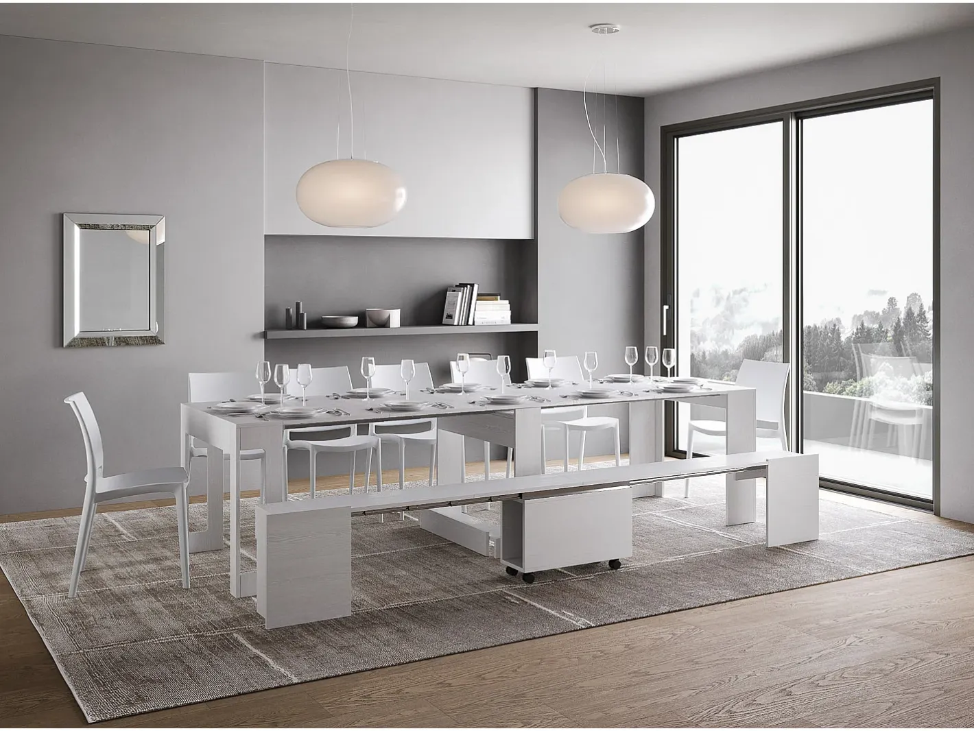 Mesa consola extensível 90x42/302 cm Evolve Cinza Branca extensões internas com banco inferior*ITAMOBY Discount