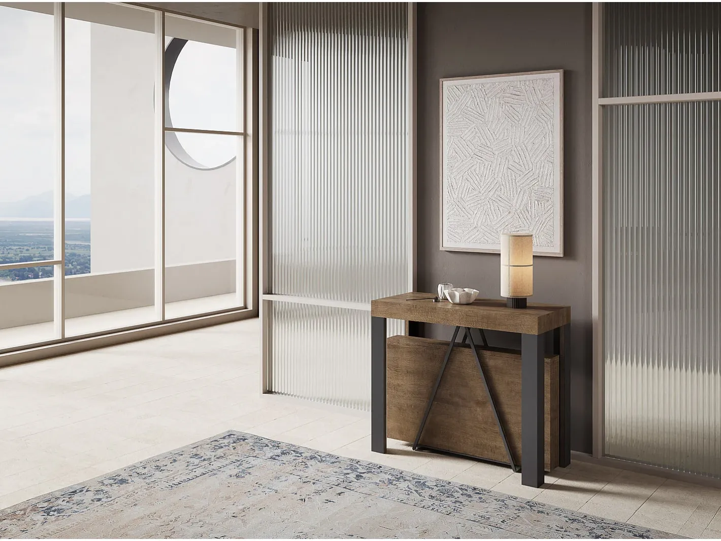 Ityhome Consola*Mesa consola extensível 90x40/196 cm Tarax Small nogueira quadro antracite Castanho