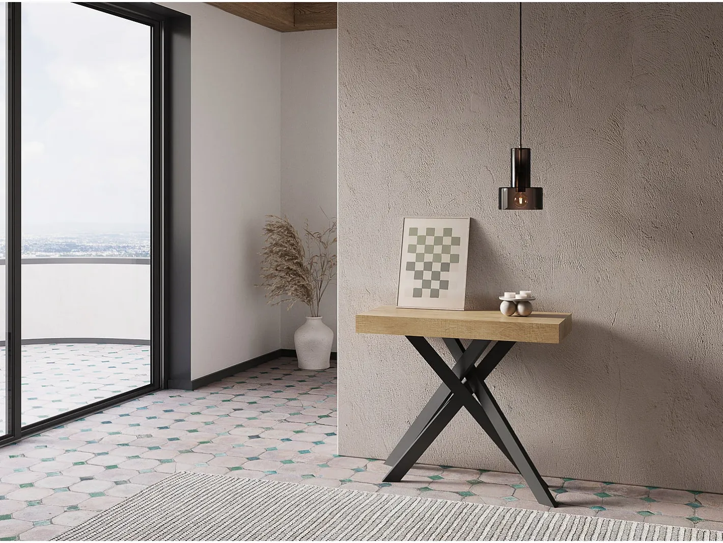 Ityhome Consola*Mesa consola extensível 90x40/300 cm Krack carvalho natural pernas antracite Castanho