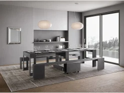 ITAMOBY Consola*Mesa consola extensível 90x42/302 cm Evolve Antracite Espatulado extensões internas com banco inferior e superior Cinzento