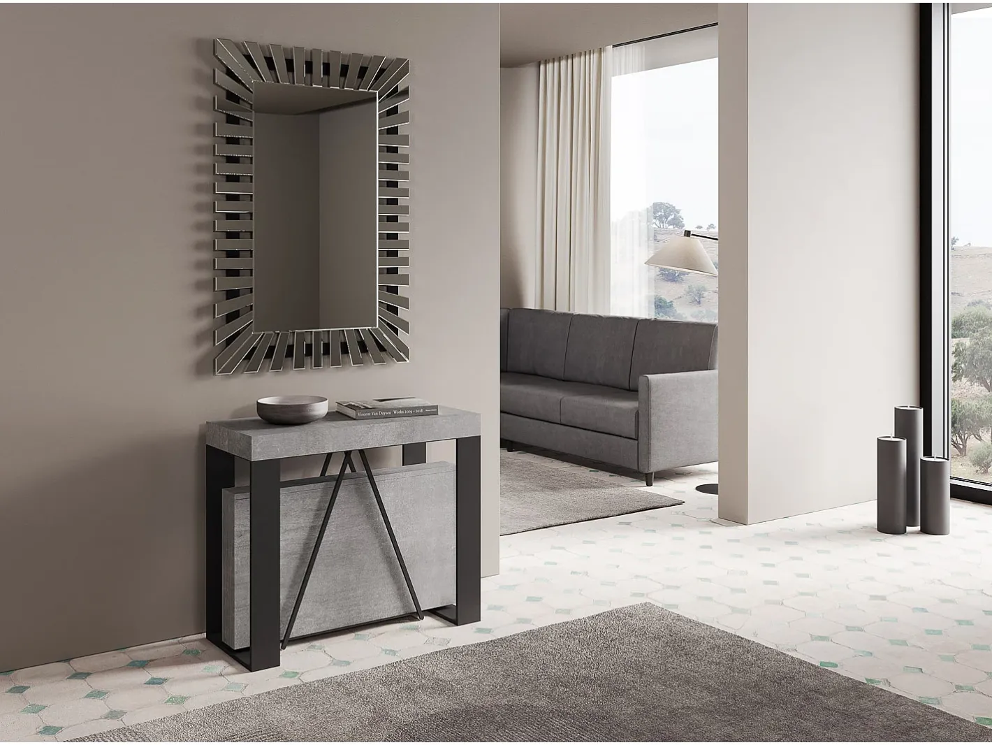Mesa consola extensível 90x40/300cm Zamat cimento quadro antracite*Ityhome Outlet