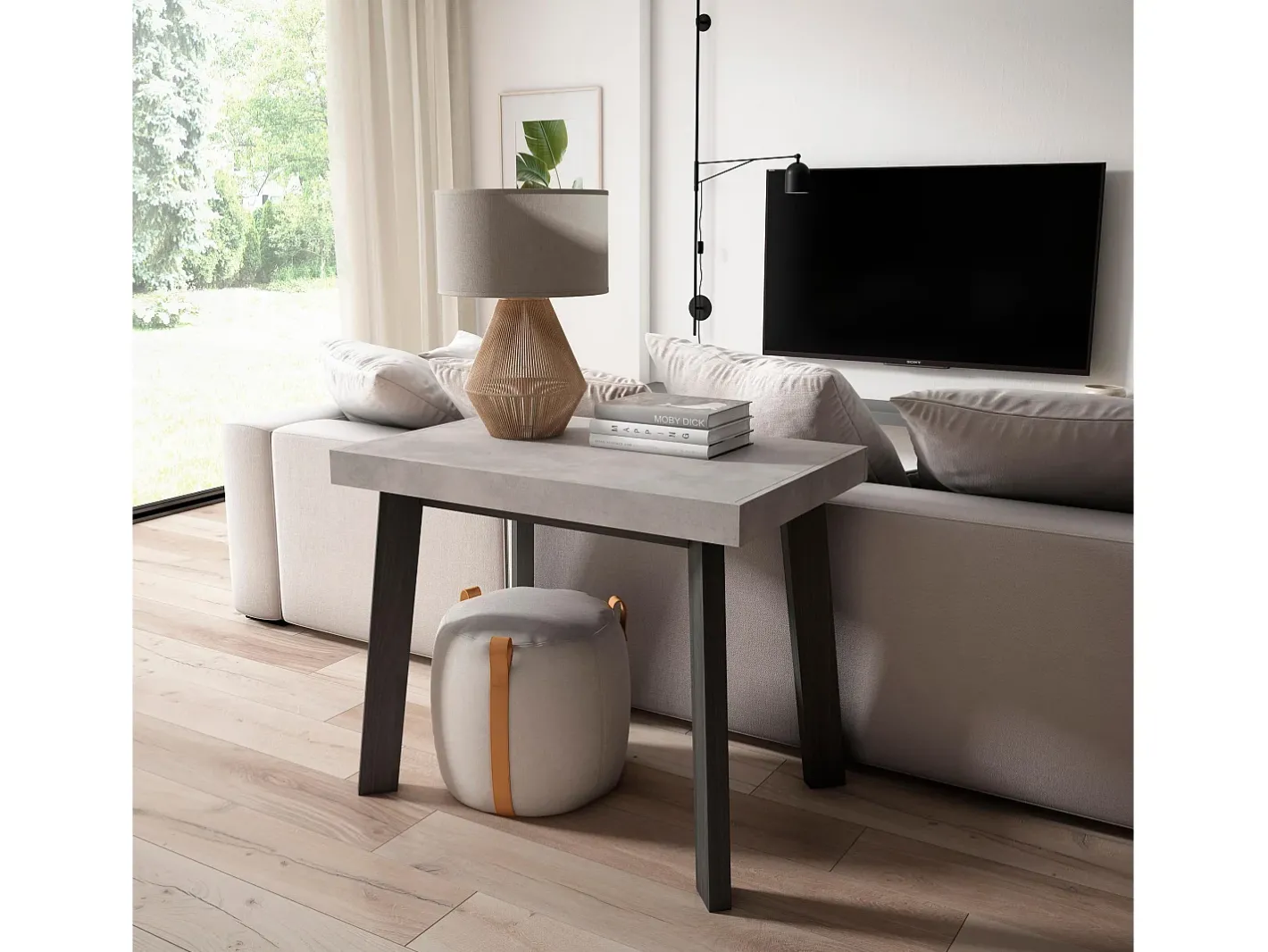 New Mesa Consola Extensível, 160x90x73cm, Para 8 pessoas, Pés de madeira, Cimento Consola