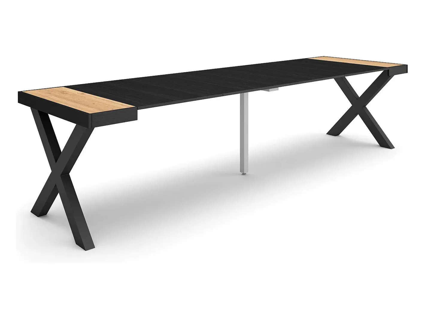 Skraut Home Consola*Mesa Consola Extensível, 302x90x73cm, Para 14 pessoas, Pés de madeira, Carvahlo e preto Natural claro