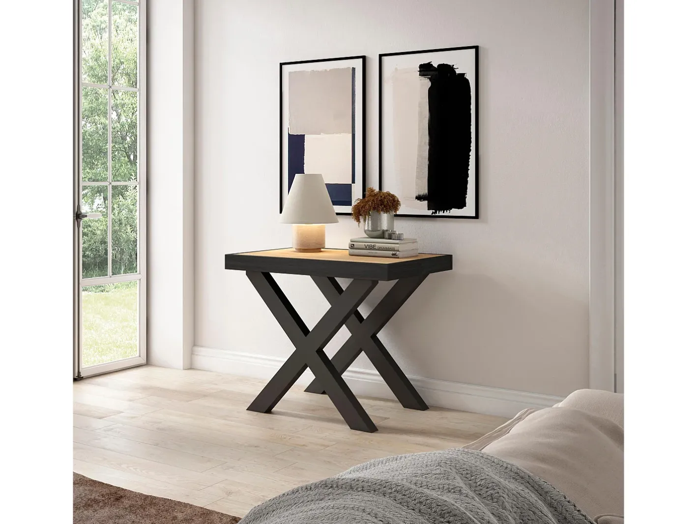 Skraut Home Consola*Mesa Consola Extensível, 302x90x73cm, Para 14 pessoas, Pés de madeira, Carvahlo e preto Natural claro