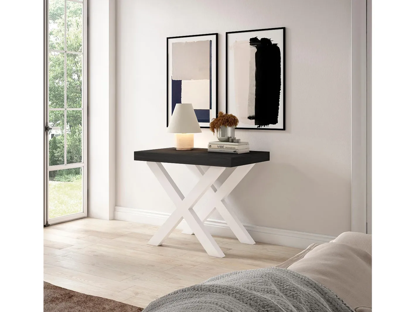 Skraut Home Consola*Mesa Consola Extensível, 302x90x73cm, Para 14 pessoas, Pés de madeira, Preto