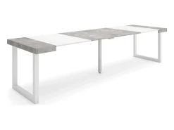 Skraut Home Consola*Mesa Consola Extensível, 302x90x73cm, Para 14 pessoas, Pés de madeira, Cimento Cinzento