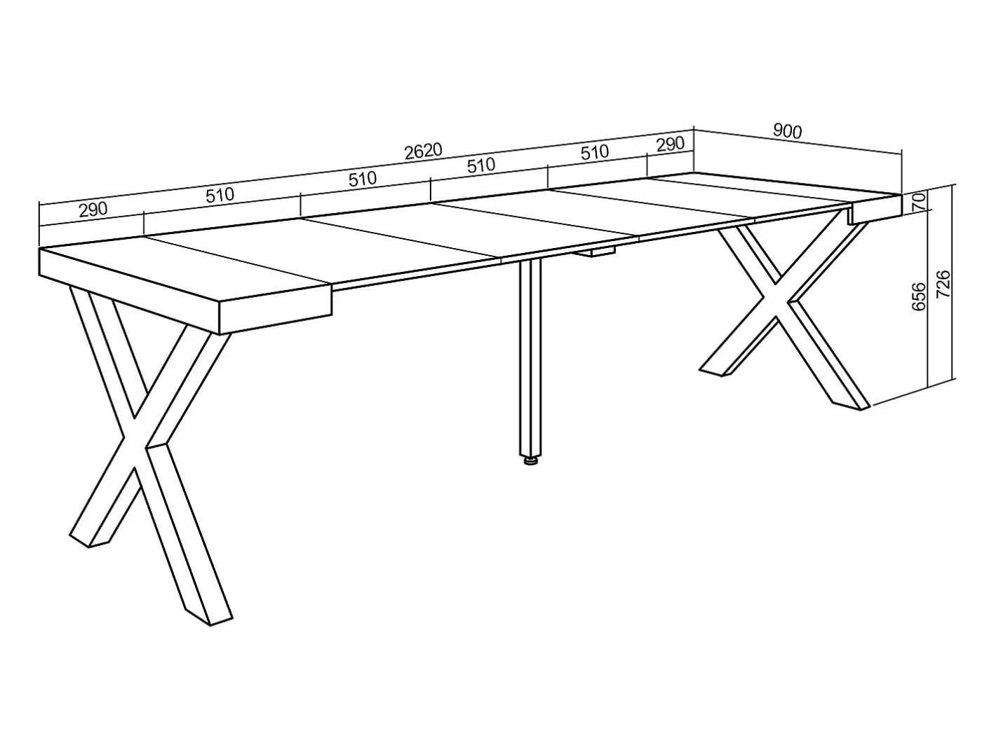 New Mesa Consola Extensível, 262x90x73cm, Para 12 pessoas, Pés de madeira, Carvahlo Consola