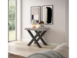 Skraut Home Consola*Mesa Consola Extensível, 302x90x73cm, Para 14 pessoas, Pés de madeira, Cimento Cinzento