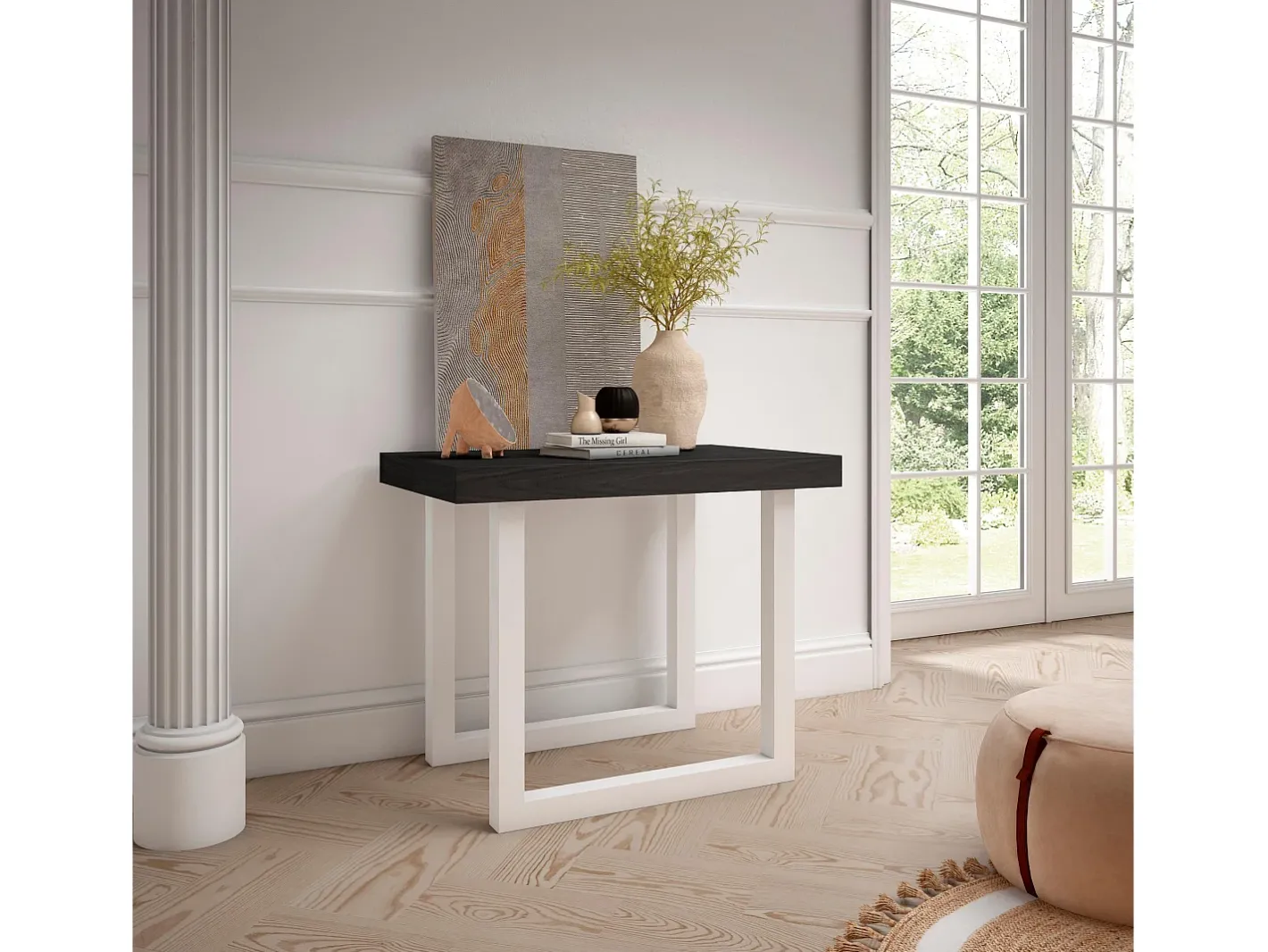Skraut Home Consola*Mesa Consola Extensível, 302x90x73cm, Para 14 pessoas, Pés de madeira, Preto