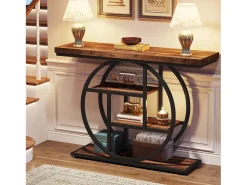Mesa consola industrial de 41,5" com 4 níveis e base circular, mesas laterais estreitas de madeira com prateleiras de arrumação para sala de estar, corredor, hall de entrada, castanho rústico Consola