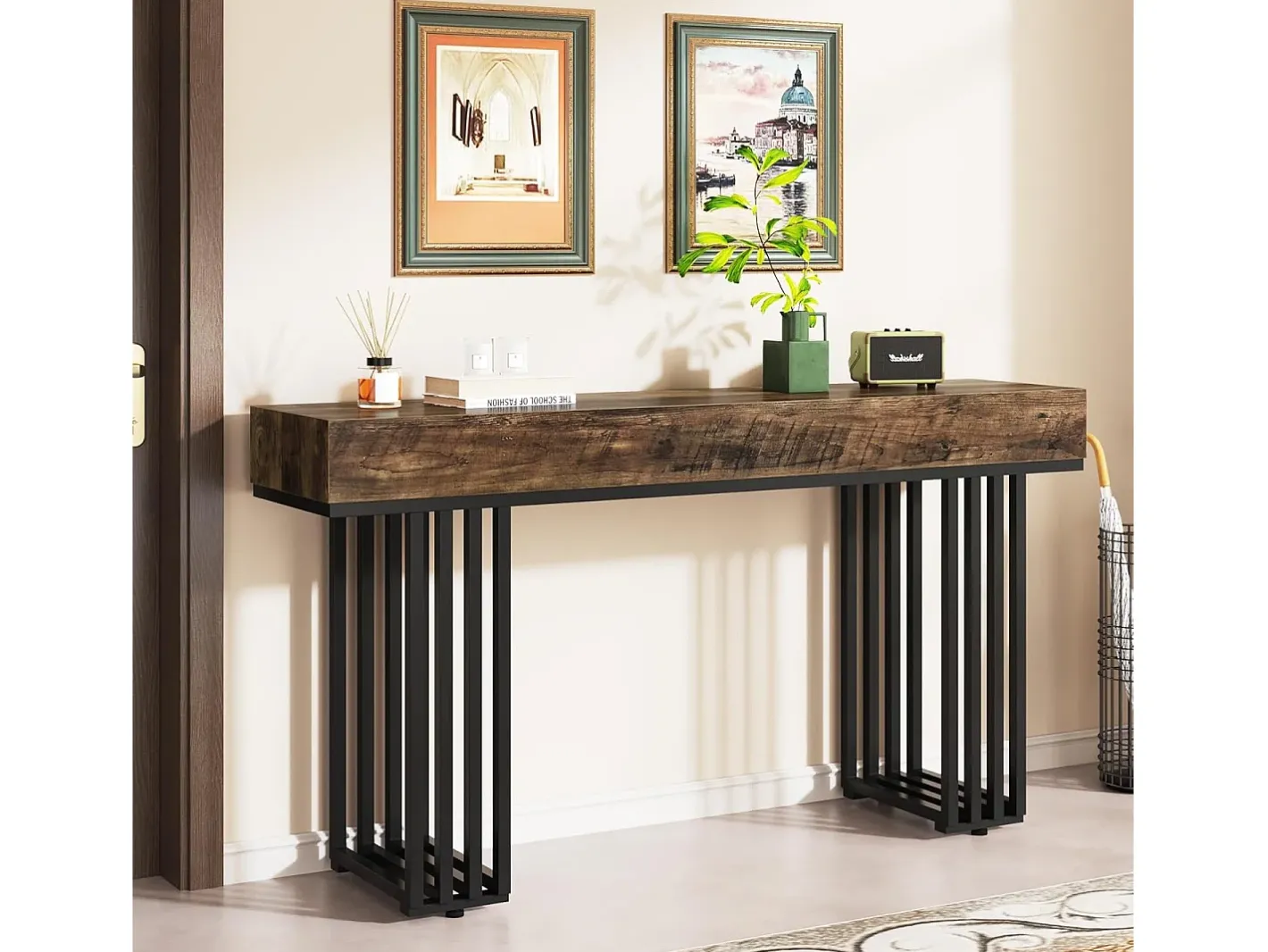 Mesa consola para entrada, mesa consola para entrada no corredor com estrutura metálica em estilo industrial elegante, mesa consola de madeira para sala de estar, entrada, corredor (140 cm, )*Tribesigns Sale