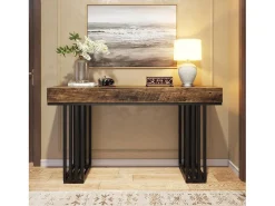 Mesa consola para entrada, mesa consola para entrada no corredor com estrutura metálica em estilo industrial elegante, mesa consola de madeira para sala de estar, entrada, corredor (140 cm, )*Tribesigns Sale
