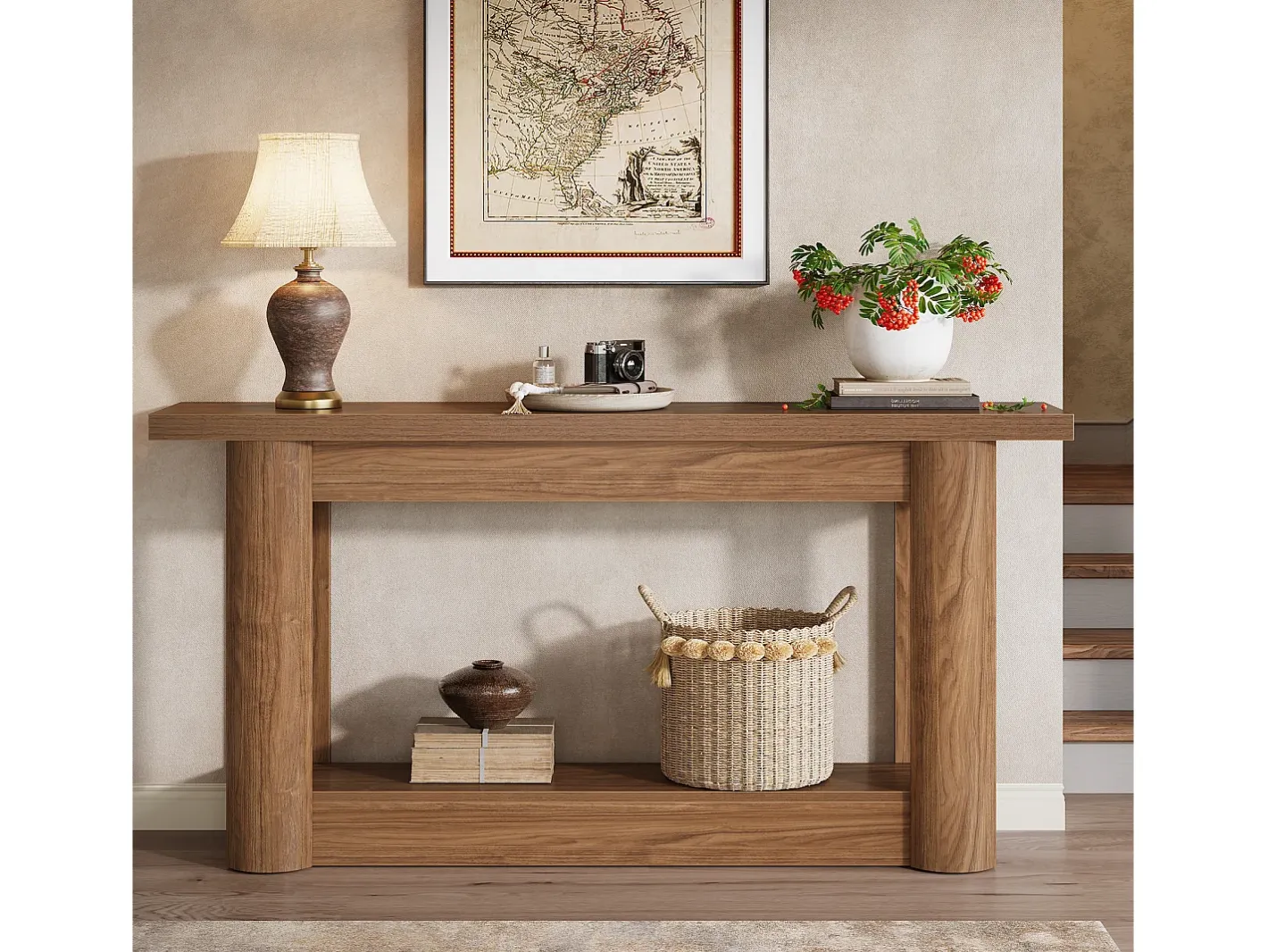 Discount Mesa console de 160 cm, com dois níveis de comprimento, mesa de corredor com armazenamento, marrom rústico Consola