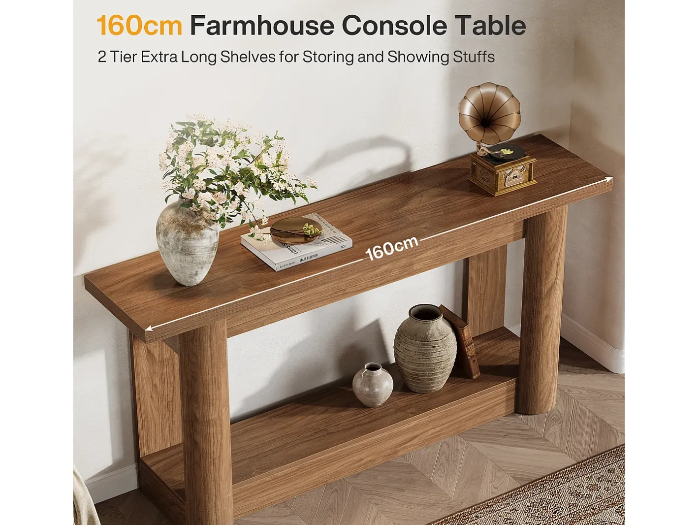 Discount Mesa console de 160 cm, com dois níveis de comprimento, mesa de corredor com armazenamento, marrom rústico Consola