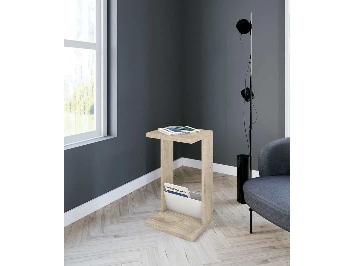 Mesa de apoio - A70cm x L40cm x P35cm carvalho claro e branco -Trébol^Herdasa New