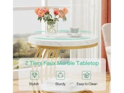 Discount Mesa de apoio em mármore artificial de dois andares, Mesa de cabeceira moderna em ouro com moldura em forma de arco em metal para sala (1 unidade) Mesa De Apoio
