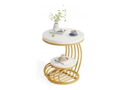 Discount Mesa de apoio em mármore artificial de dois andares, Mesa de cabeceira moderna em ouro com moldura em forma de arco em metal para sala (1 unidade) Mesa De Apoio