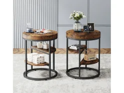 Mesa de apoio redonda, pequena mesa de apoio com 3 prateleiras de armazenamento, mesa de apoio industrial, mesa de cabeceira para o salão^Tribesigns New