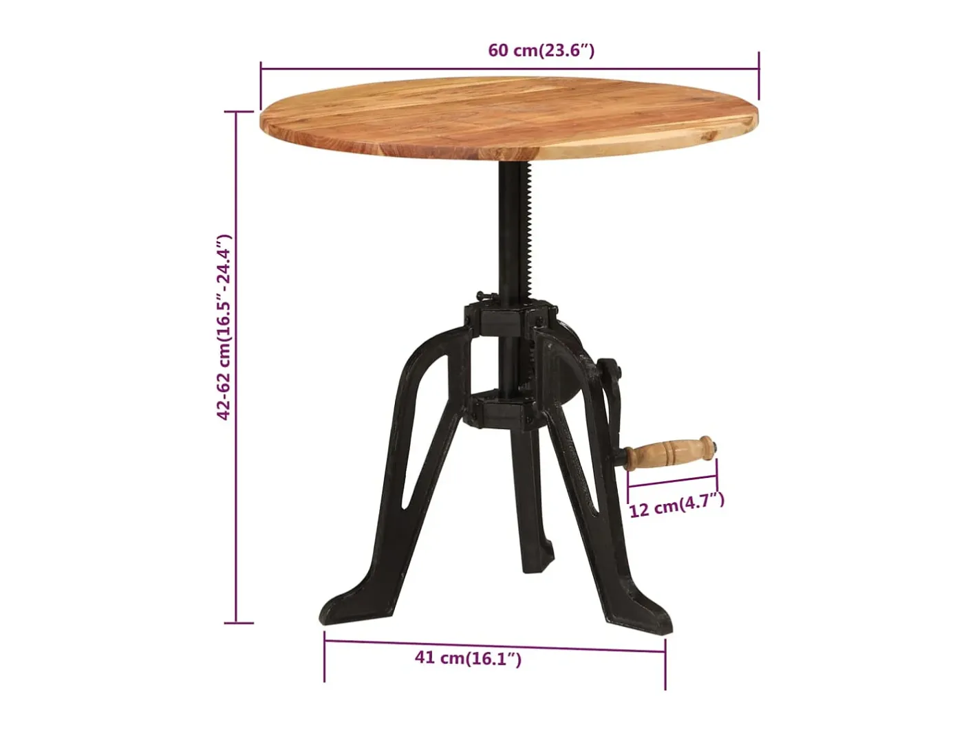 vidaxl Mesa De Apoio*Mesa de apoio 60x(42-62) cm acácia maciça e ferro fundido Castanho
