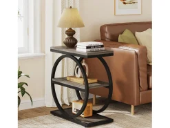 Mesa de Cabeceira, Mesa de Cabeceira Estreita com 3 Prateleiras de Armazenamento, Mesa Lateral Cinza com Molduras de Metal Preto^Tribesigns Online