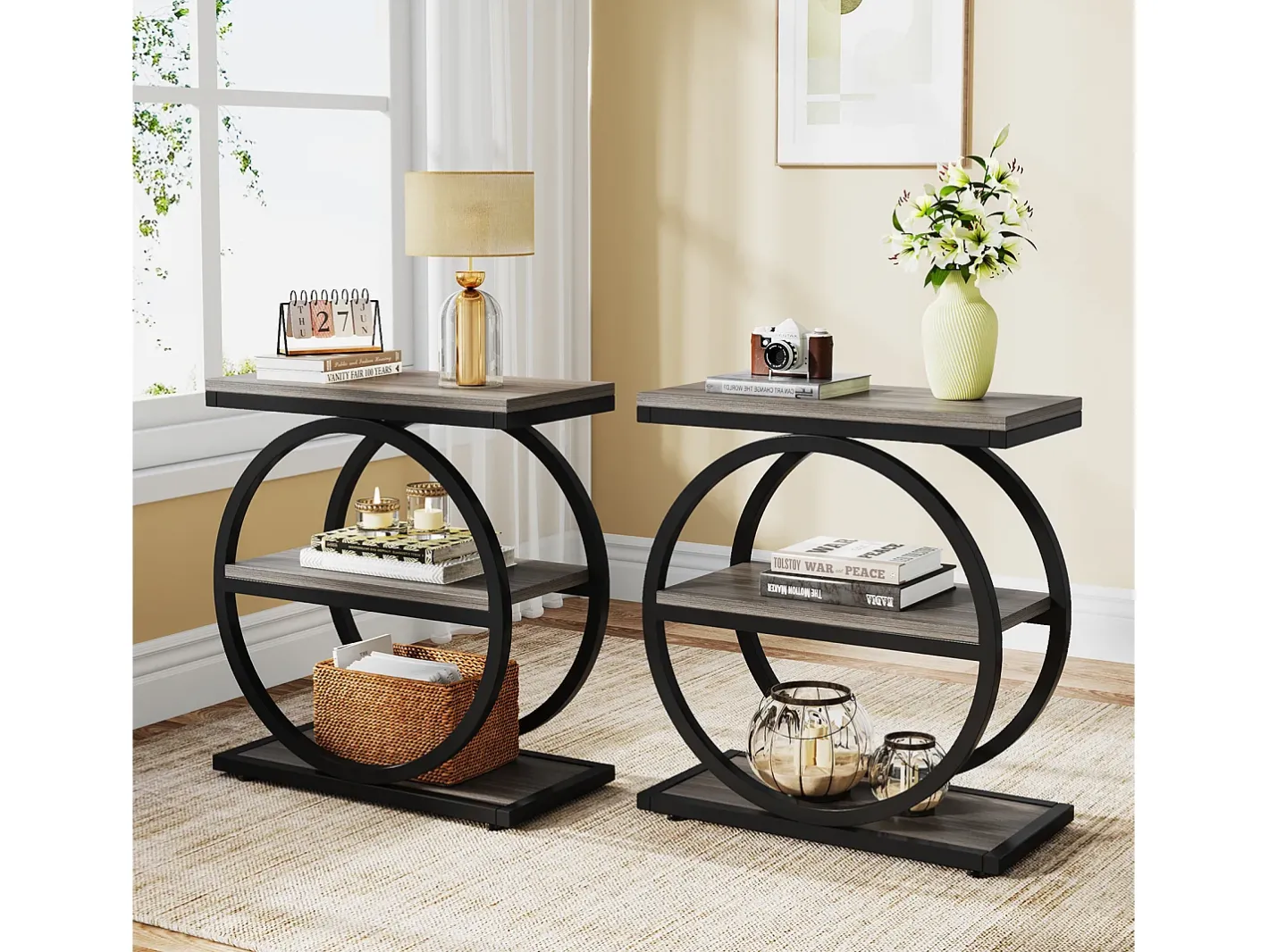 Mesa de Cabeceira, Mesa de Cabeceira Estreita com 3 Prateleiras de Armazenamento, Mesa Lateral Cinza com Molduras de Metal Preto^Tribesigns Online