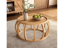 Mesa de Café de Madeira Sólida, Mesa Central Redonda de 80cm com Base de Moldura Curva^Tribesigns New