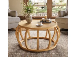 Mesa de Café de Madeira Sólida, Mesa Central Redonda de 80cm com Base de Moldura Curva^Tribesigns New