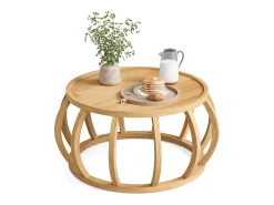 Mesa de Café de Madeira Sólida, Mesa Central Redonda de 80cm com Base de Moldura Curva^Tribesigns New