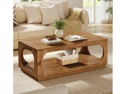 Discount Mesa de Café de Madeira Sólida, 120cm Mesas Centrais de Madeira Rural com Armazenamento para Sala de Estar, 2 Andares Mesa De Centro