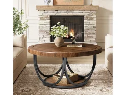 Mesa de Café Redonda com 2 Andares, Mesa de Cocktail de Acento Circular de 80Cm com Prateleira de Armazenamento Mesa De Centro