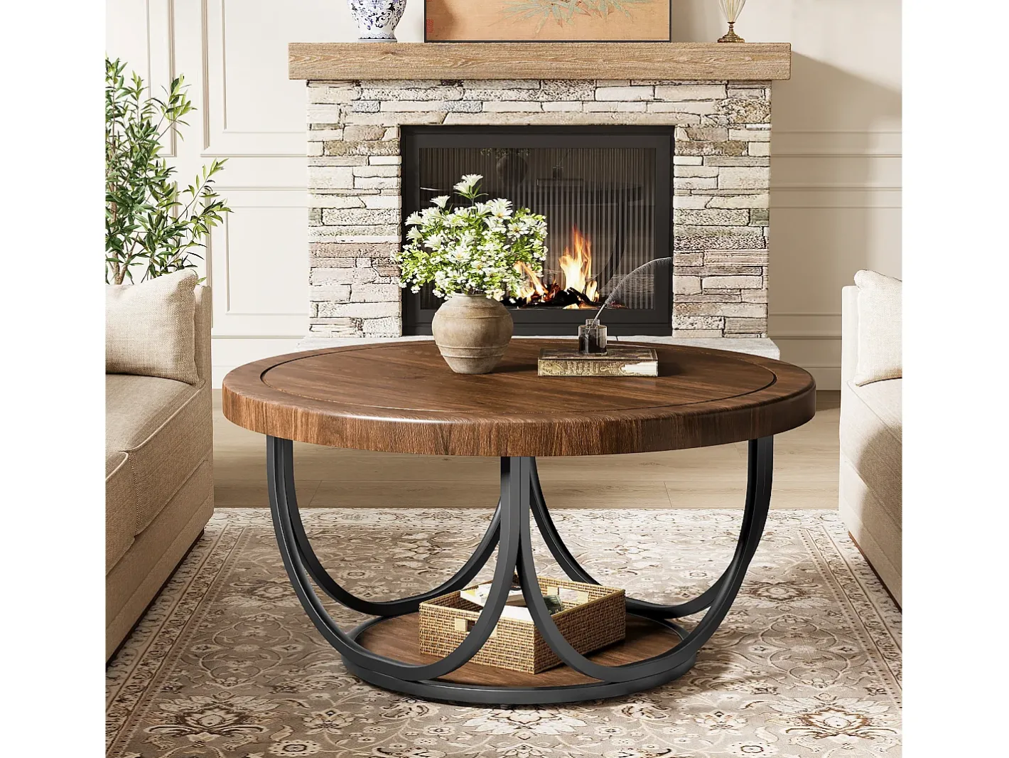 Mesa de Café Redonda com 2 Andares, Mesa de Cocktail de Acento Circular de 80Cm com Prateleira de Armazenamento Mesa De Centro