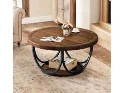 Mesa de Café Redonda com 2 Andares, Mesa de Cocktail de Acento Circular de 80Cm com Prateleira de Armazenamento Mesa De Centro