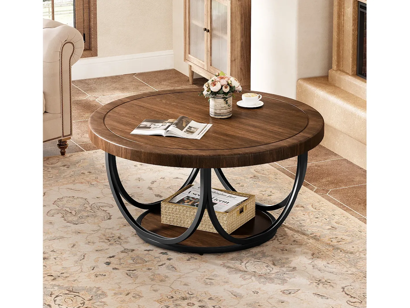 Mesa de Café Redonda com 2 Andares, Mesa de Cocktail de Acento Circular de 80Cm com Prateleira de Armazenamento Mesa De Centro