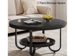 New Mesa de Café Redonda de 2 Camadas com Prateleira de Armazenamento para Sala de Estar, Preta Mesa De Centro