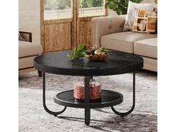 New Mesa de Café Redonda de 2 Camadas com Prateleira de Armazenamento para Sala de Estar, Preta Mesa De Centro