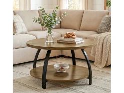 Mesa de Café Redonda de 80cm com Prateleiras de Armazenamento de 2 Andares, Mesa de Centro Pequena Rustica de Destaque*Tribesigns Hot