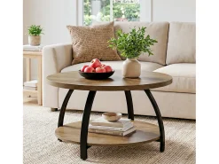 Mesa de Café Redonda de 80cm com Prateleiras de Armazenamento de 2 Andares, Mesa de Centro Pequena Rustica de Destaque*Tribesigns Hot