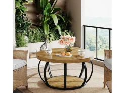Discount Mesa de Café Redonda, Mesa de Café Circular de 2 Andares com Prateleiras de Armazenamento, Mesa de Centro Moderna de Acento de Madeira Mesa Lateral de Sofá Mesa De Centro