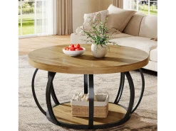 Discount Mesa de Café Redonda, Mesa de Café Circular de 2 Andares com Prateleiras de Armazenamento, Mesa de Centro Moderna de Acento de Madeira Mesa Lateral de Sofá Mesa De Centro