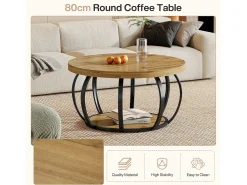 Discount Mesa de Café Redonda, Mesa de Café Circular de 2 Andares com Prateleiras de Armazenamento, Mesa de Centro Moderna de Acento de Madeira Mesa Lateral de Sofá Mesa De Centro