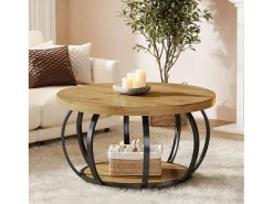Discount Mesa de Café Redonda, Mesa de Café Circular de 2 Andares com Prateleiras de Armazenamento, Mesa de Centro Moderna de Acento de Madeira Mesa Lateral de Sofá Mesa De Centro