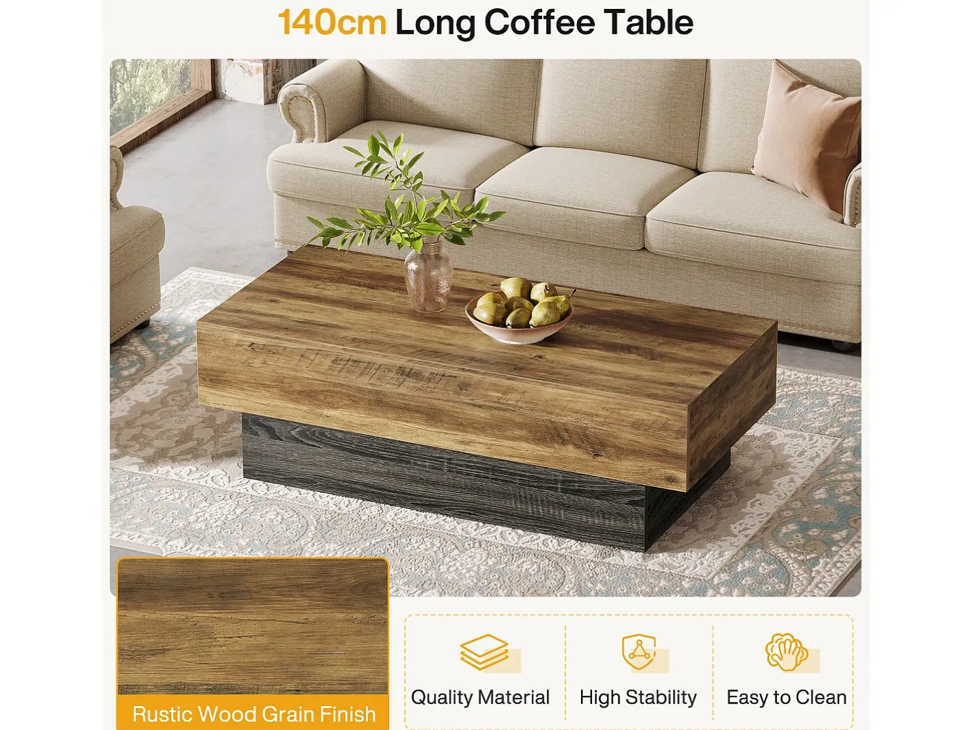 Mesa de Café Rural de 140 cm, Mesa de Chá Retangular Grande para Sala de Estar^Tribesigns Best